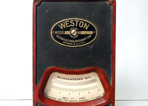Weston DC micro-ammeter in a surface type case for portable use with a aluminum case finish of dimensions 6.75" x 4.25" x 2.375" inch and weighing at 2.75 lbs.